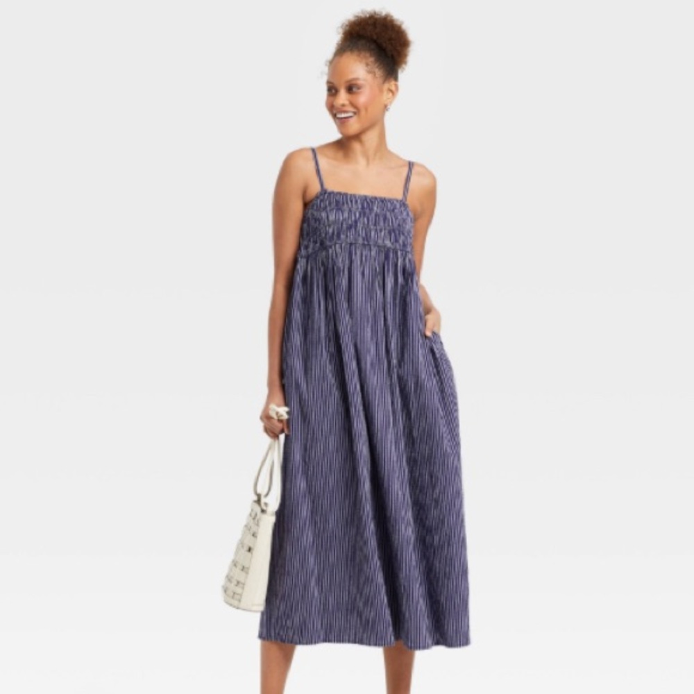 A New Day (Target) Smocked Midi Slip Dress — Blue & White Navy, Size XL